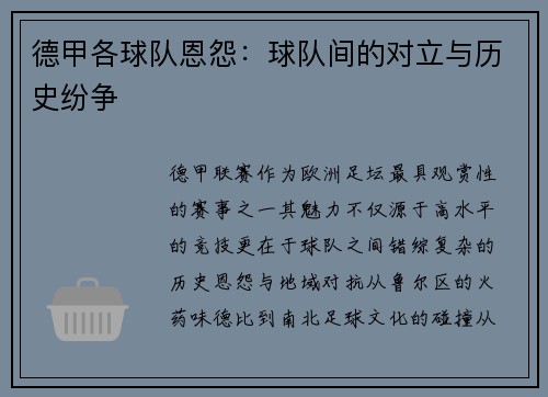 德甲各球队恩怨：球队间的对立与历史纷争