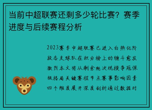 当前中超联赛还剩多少轮比赛？赛季进度与后续赛程分析