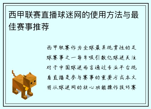 西甲联赛直播球迷网的使用方法与最佳赛事推荐