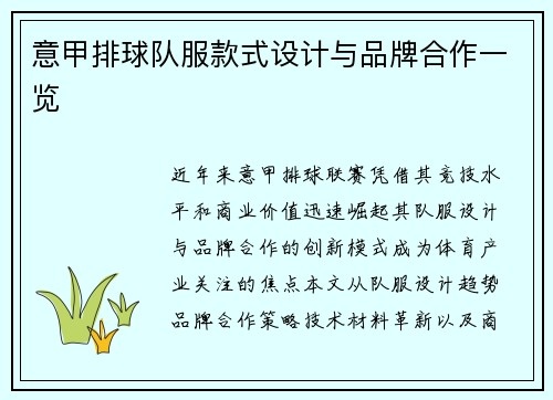 意甲排球队服款式设计与品牌合作一览