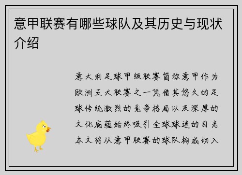 意甲联赛有哪些球队及其历史与现状介绍